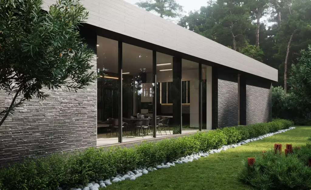 3D exterior rendering of modern house with large glass walls stone facade and landscaped garden lawn