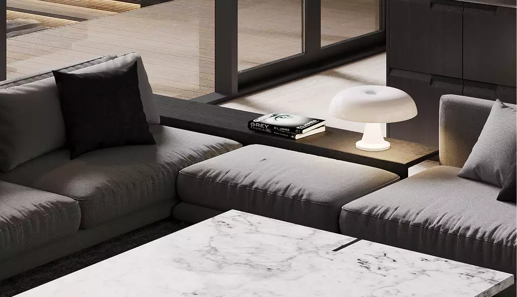 3D exterior rendering of modern living room with modular sofa marble coffee table and small white lamp on shelf