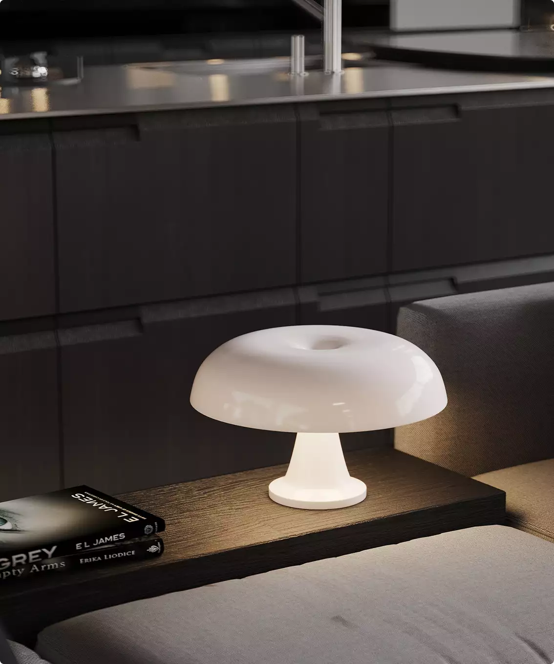 3D exterior rendering of modern table lamp on wooden shelf beside sofa with books and dark kitchen cabinets behind