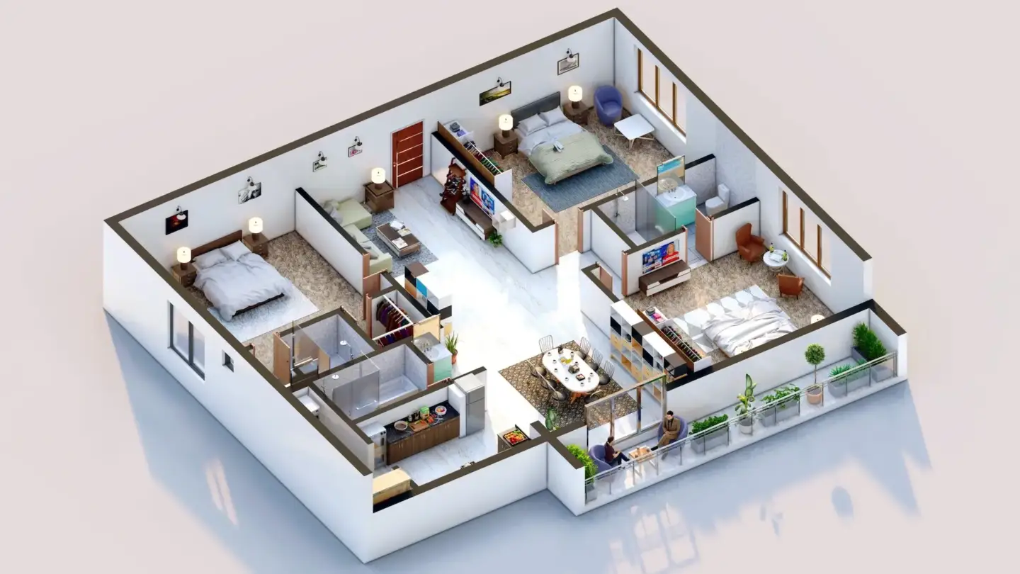 3D Rendering in New York: Architectural Visualization for Real Estate and Urban Development 3D floor plan rendering NYC image of an apartment layout with furniture, rooms, and balcony space