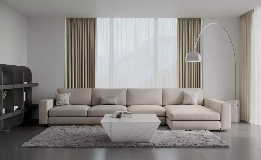 3D furniture rendering of beige sectional sofa with marble coffee table and floor lamp in modern living room