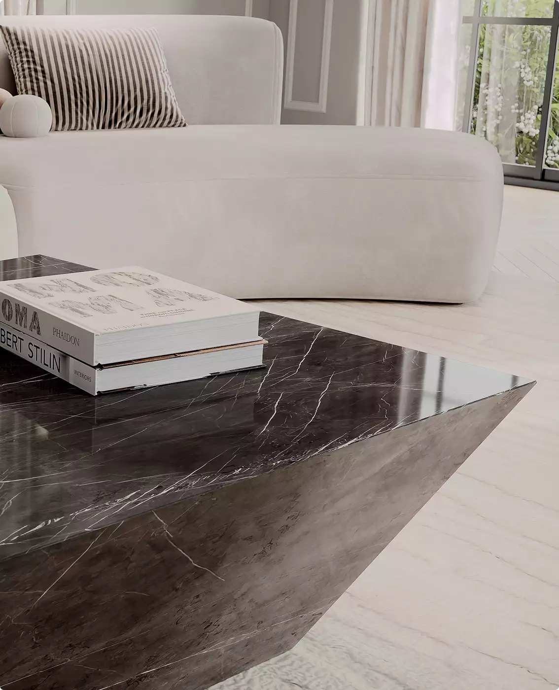 3D furniture rendering of black marble coffee table with stacked books beside curved white sofa
