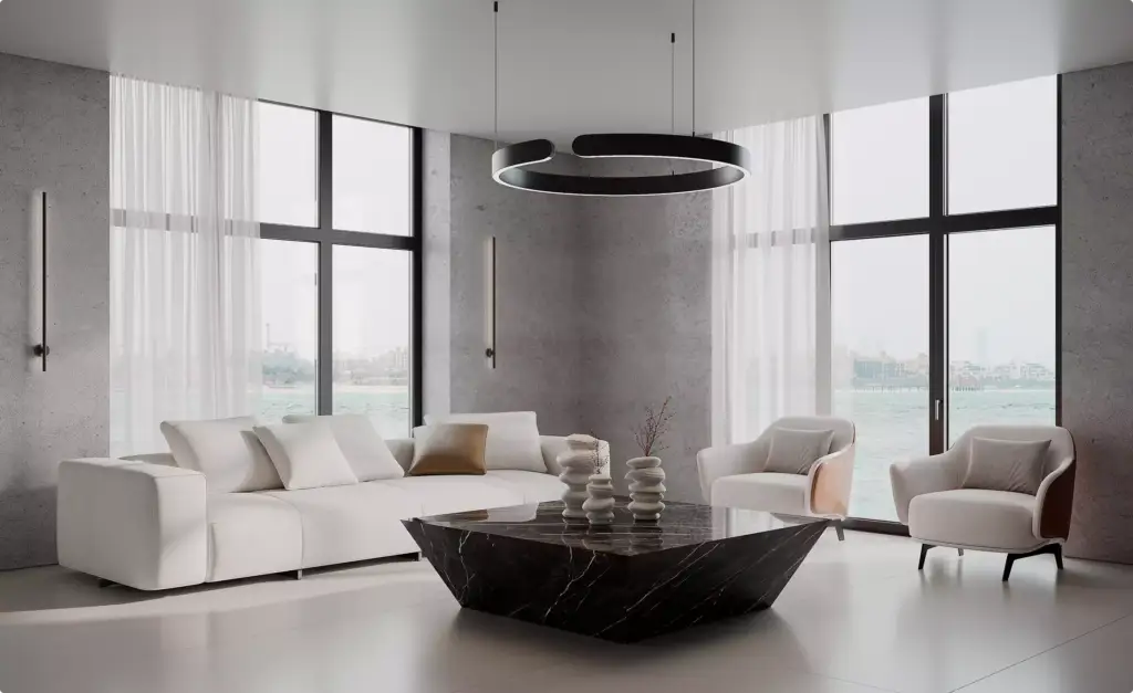 3D furniture rendering of modern living room with white sofa, black marble coffee table, and large windows by water