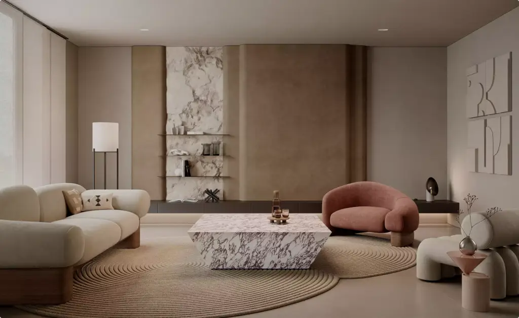 3D furniture rendering of modern living room with marble coffee table, curved sofa, and warm neutral decor