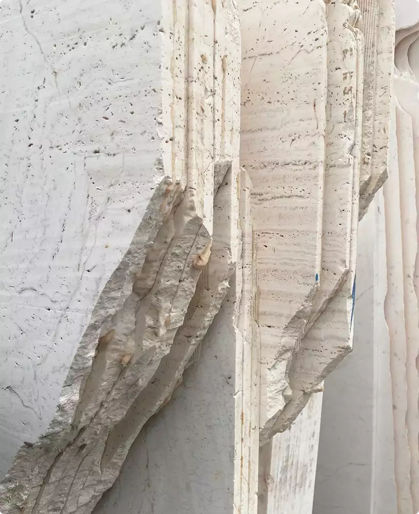 3D furniture rendering travertine stone slab texture with rough broken edges and layered surface detail