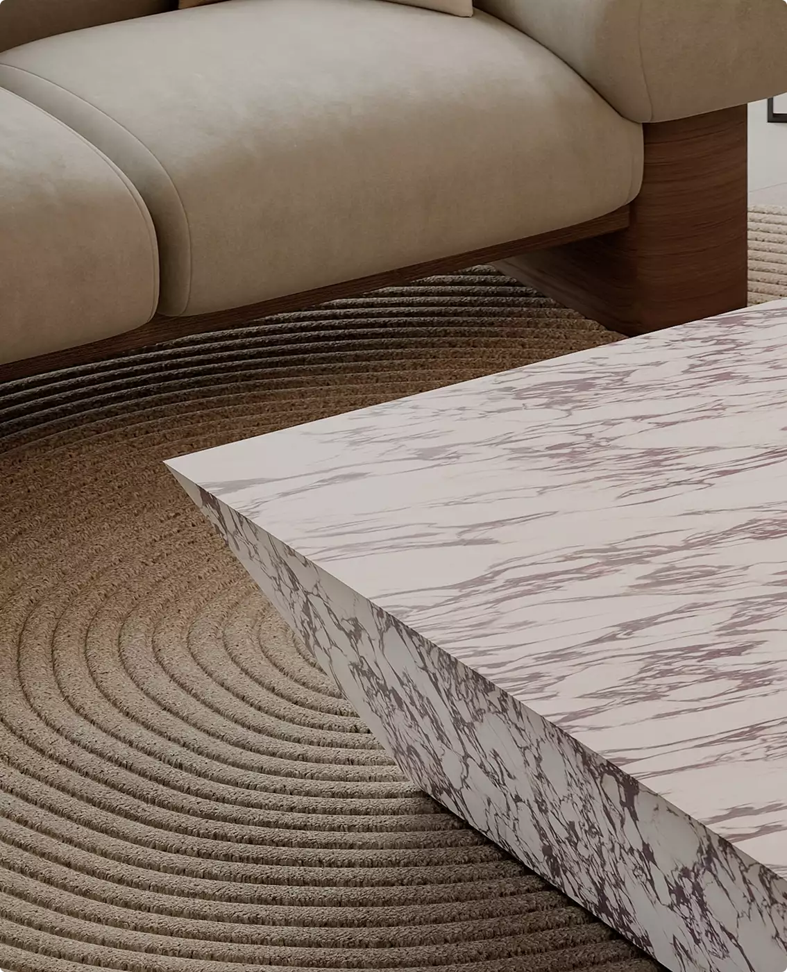3D furniture rendering of white marble coffee table on round textured rug beside curved sofa