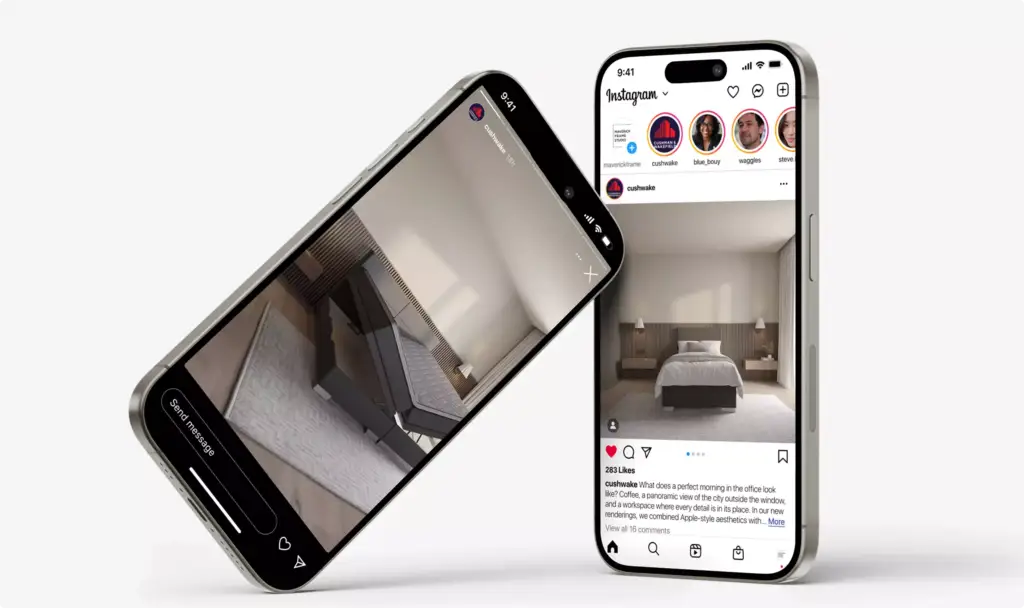 3D office tour shown on two smartphones displaying interior social media posts