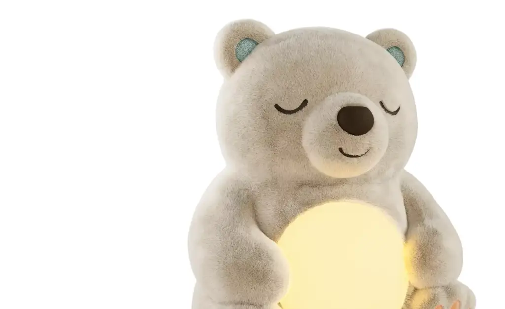 3D product render of plush bear night light holding glowing round lamp with closed eyes and soft beige fur
