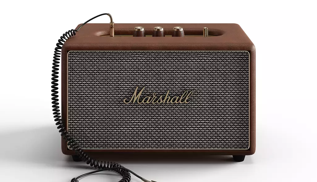 3D product rendering services showing brown Marshall speaker with textured grille and coiled cable on white background