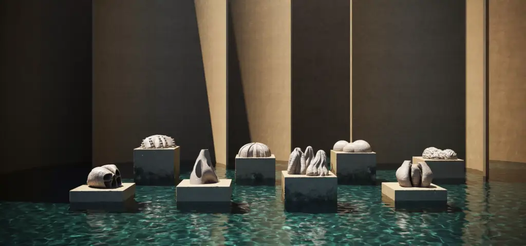 Abstract stone sculptures on square pedestals in shallow water courtyard with tall walls, display for 3D product renderings