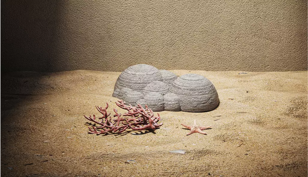 Three layered dome stone forms on sand with coral branch and starfish against wall, concept scene for 3D product renderings