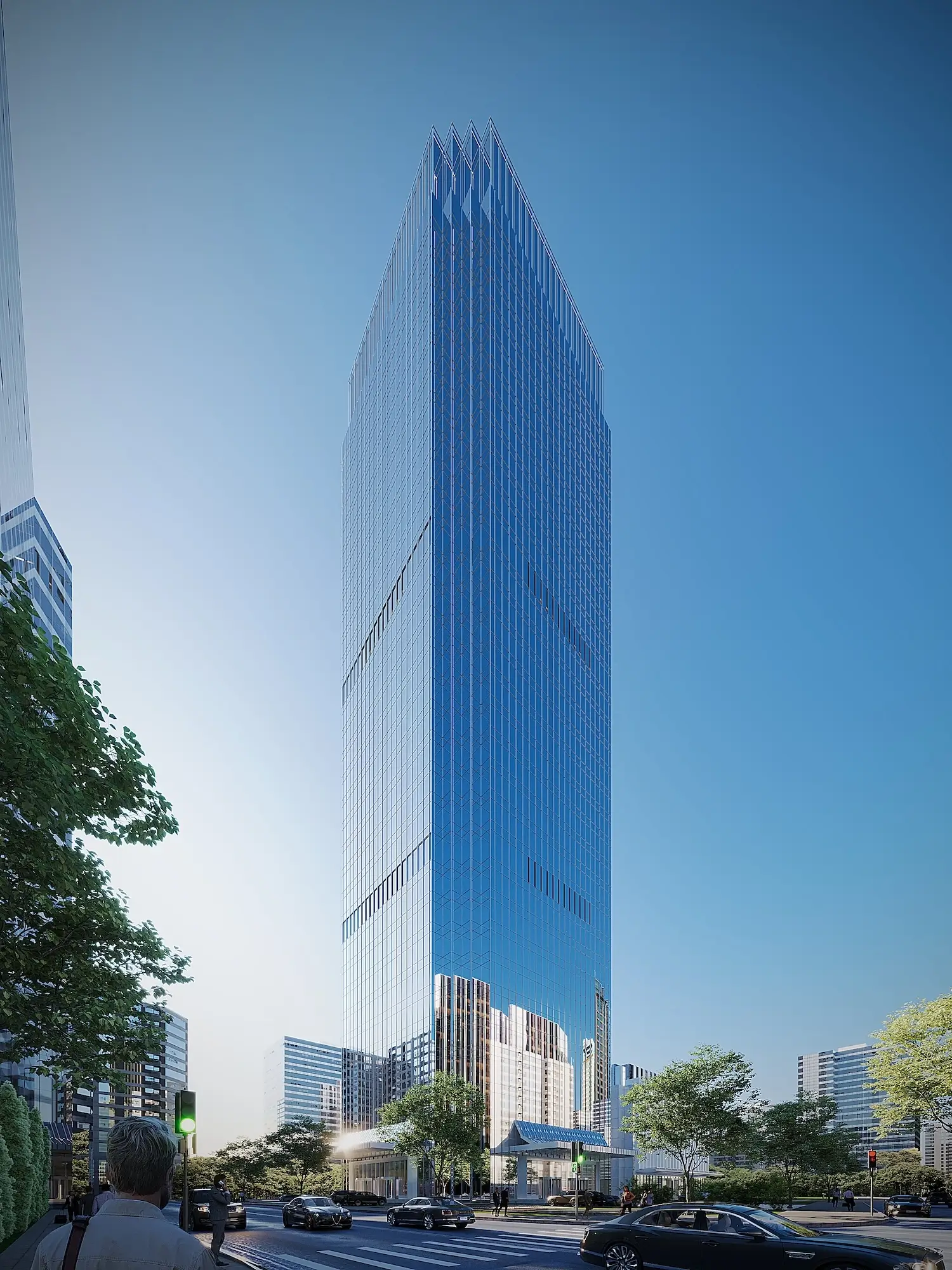 3D Rendering in New York: Architectural Visualization for Real Estate and Urban Development New York 3D architectural rendering of a tall glass office tower in a modern city environment