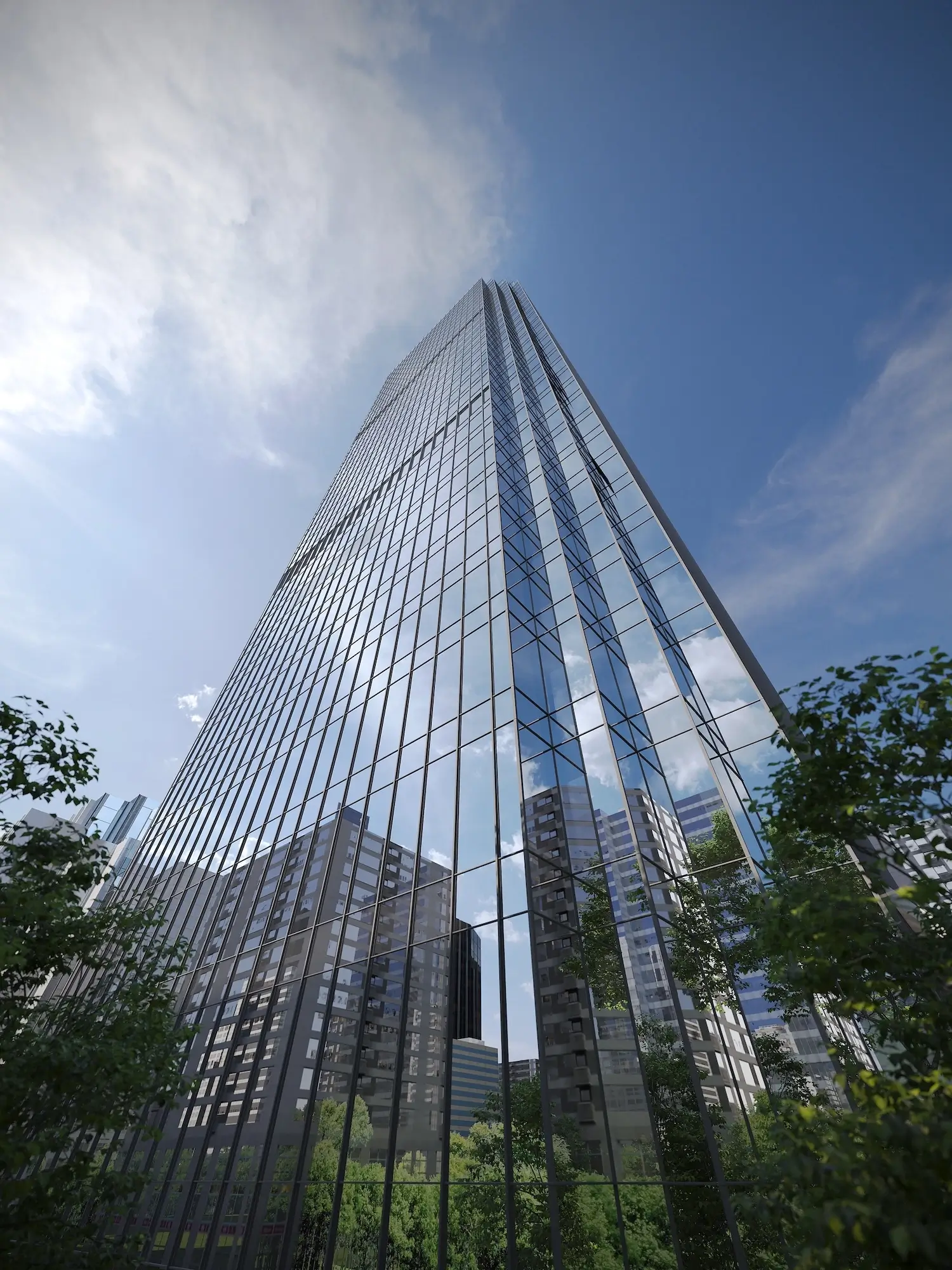 3D Rendering in New York: Architectural Visualization for Real Estate and Urban Development 3D rendering NYC image of a glass tower viewed from street level in a dense urban setting