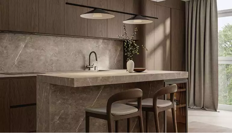 3D tour apartments kitchen island with stone finish, wood stools, pendant lights, and tall window