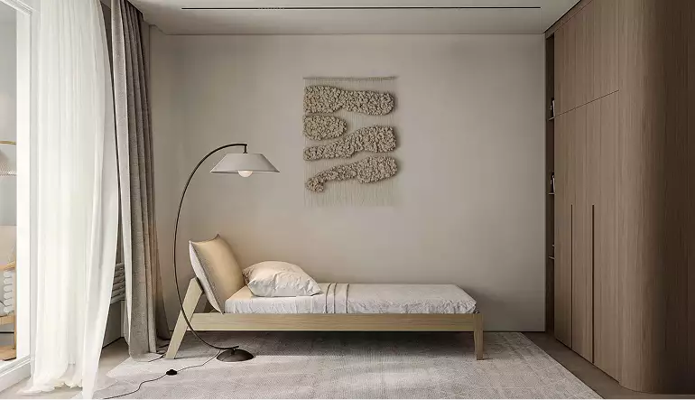 3D tour apartments single bedroom with floor lamp, wall textile art, wood wardrobe, and soft curtains