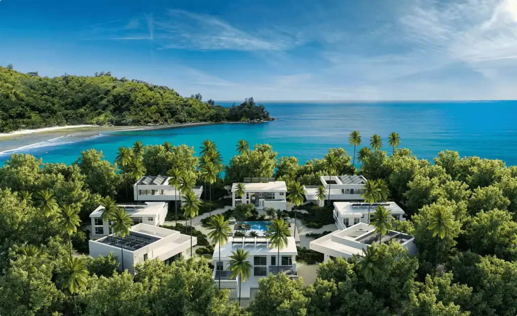 Aerial 3D rendering for hotel marketing shows beachfront villas, central pool, palms, and turquoise bay