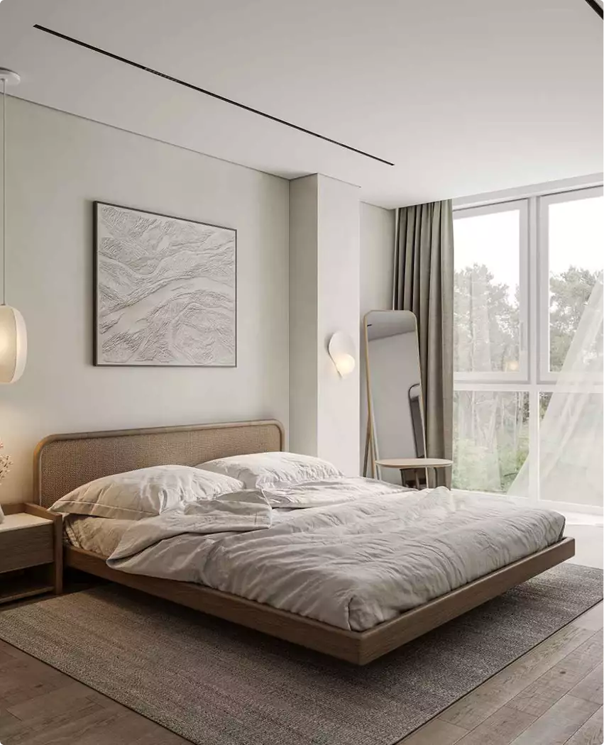 Apartment 3D tour bedroom with low bed, framed wall art, mirror, and tall window with soft curtains