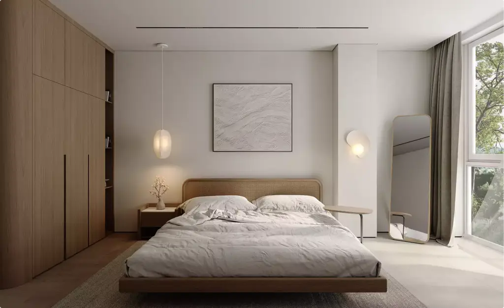 Apartment 3D tour bedroom with low bed, pendant light, mirror, wardrobe, and large window