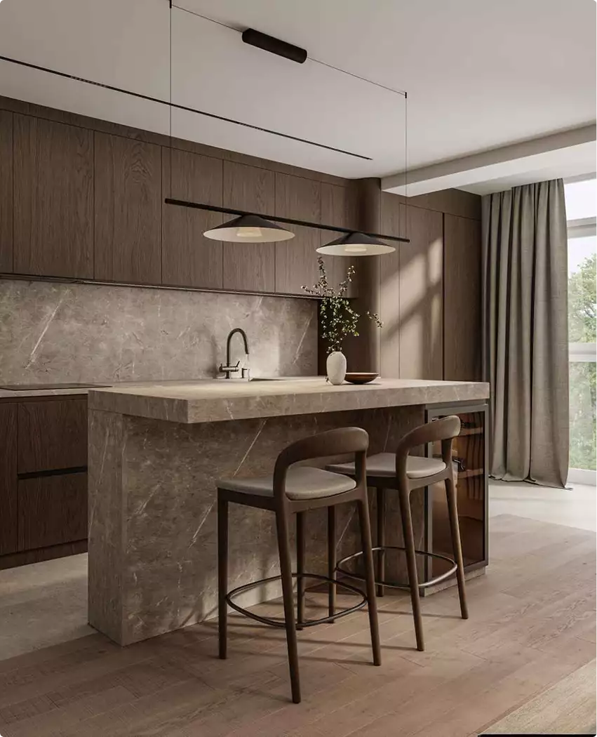 Apartment 3D tour kitchen with stone island, bar stools, dark wood cabinets, and pendant lights
