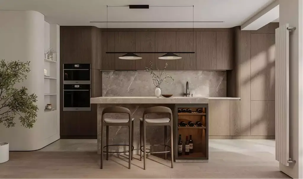 Apartment 3D tour modern kitchen with stone island, wine storage, wood cabinets, and warm light