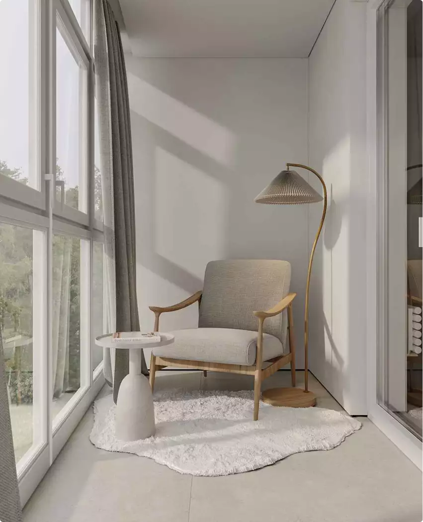 Apartment 3D tour window nook with armchair, round side table, floor lamp, and bright natural light