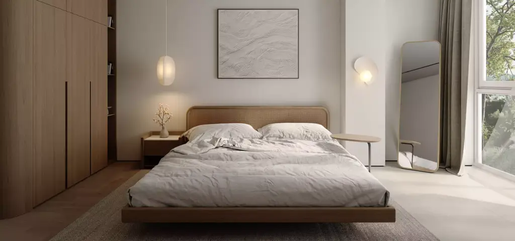 Apartment 3D virtual tour bedroom with low bed, pendant light, mirror, wardrobe, and large window