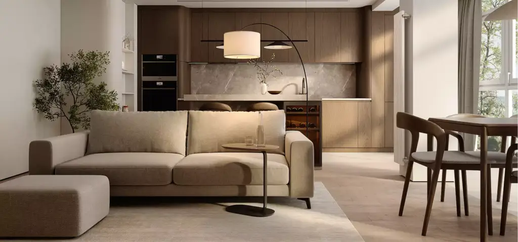 Apartment 3D virtual tour living area with sofa, side table, kitchen island, and dining chairs