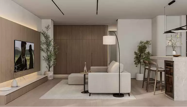Apartment 3D virtual tour open living room with sofa, TV wall, kitchen island, and tall plants
