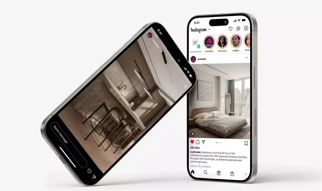 Apartment 3D virtual tour phones showing apartment interior posts on an Instagram-style social screen