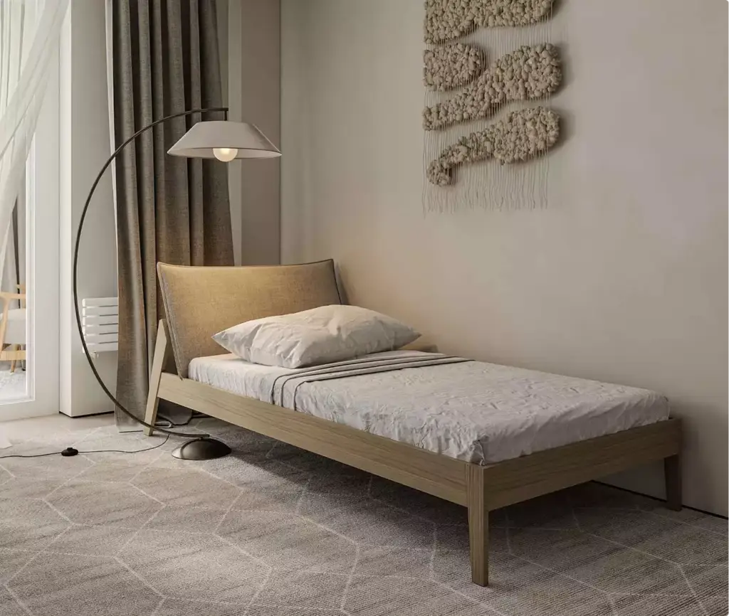 Apartment 3D virtual tour single bedroom with wood bed, floor lamp, textile wall art, and curtains