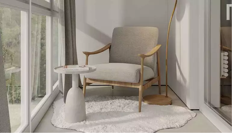 Apartment 3D virtual tour window nook with armchair, white side table, floor lamp, and soft rug