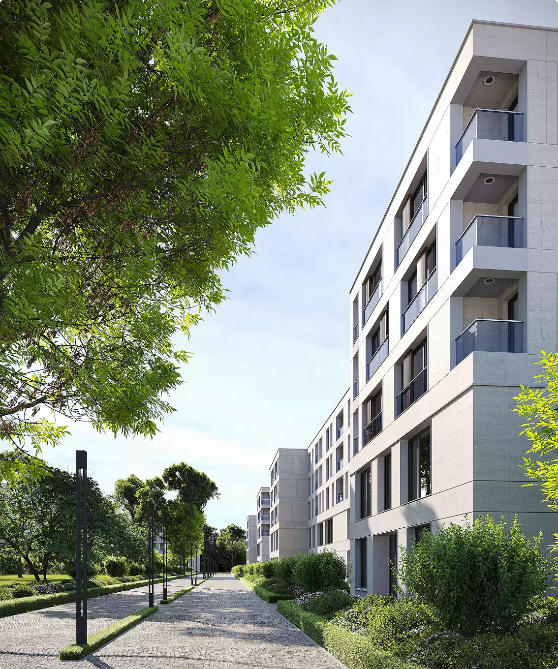 Apartment complex design modern residential buildings with balconies along landscaped walkway and trees
