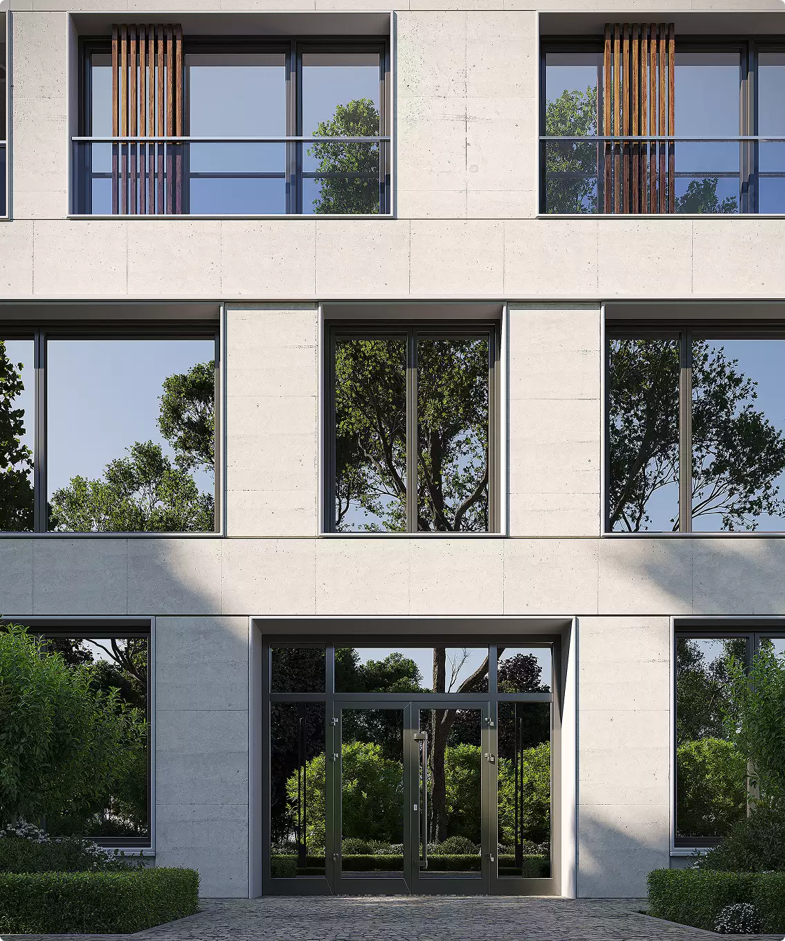 Apartment complex design modern residential building facade with large windows, balconies, and landscaped entrance