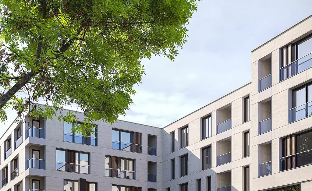 Apartment complex design modern residential buildings with balconies and large windows surrounded by green trees