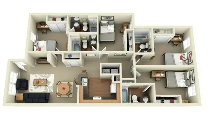 3D Rendering Pricing Guide: How Much Do 3D Renderings Cost in 2026 Top view apartment layout with furnished rooms, 3D floor plan rendering services