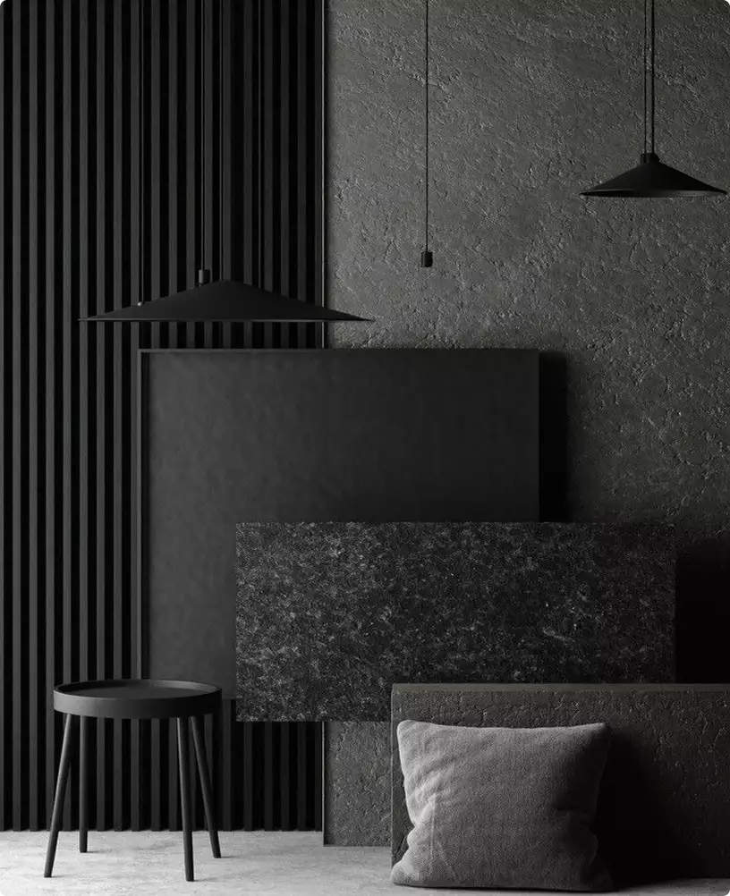 Apartment render dark interior with black wall panels, stone slabs, pendant lights, and decorative cushion