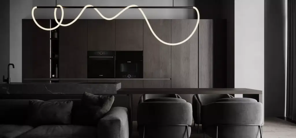 Apartment render dark living room with gray sofa, dining chairs, wood kitchen cabinets, and curved LED pendant light