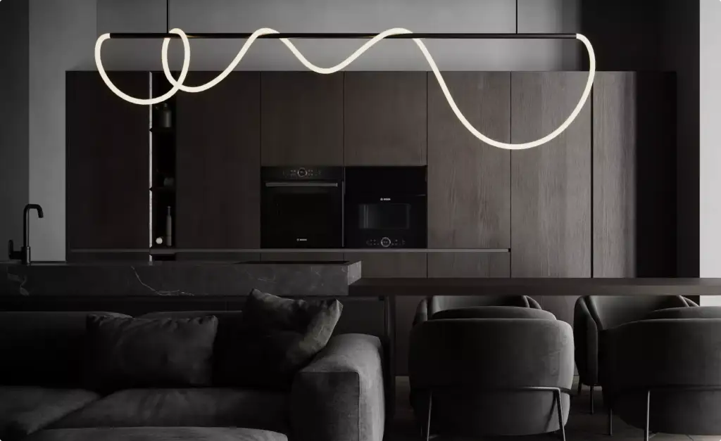 Apartment render dark living room with gray sofa facing wood kitchen cabinets, marble island, and curved LED pendant light