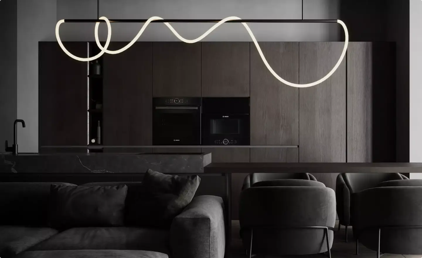 Render de interiores 3D: qué es, tipos, proceso y precio Render de interiores 3D de un salón-cocina en tonos oscuros con iluminación LED