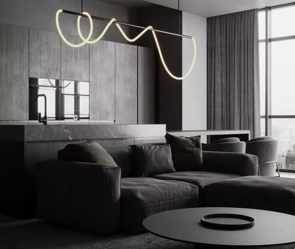Apartment render living room with dark sofa, marble kitchen island, wood cabinets, and curved LED pendant light