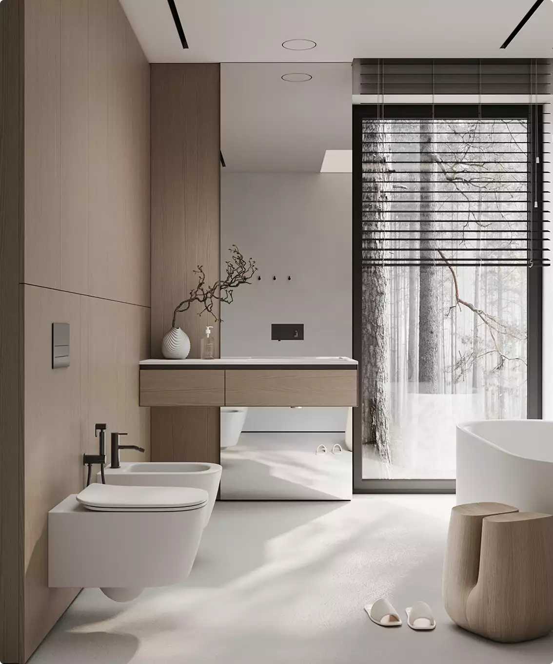 Apartment renderings minimalist bathroom interior with wall hung toilet, wooden vanity and large window view