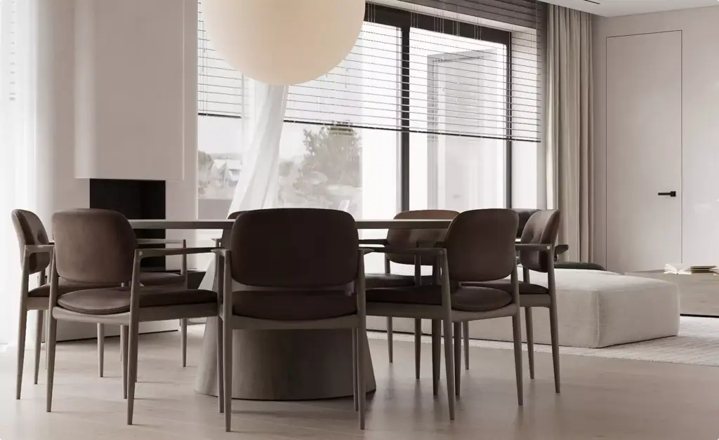 Apartment renderings modern dining area with round table, leather chairs and large window with blinds
