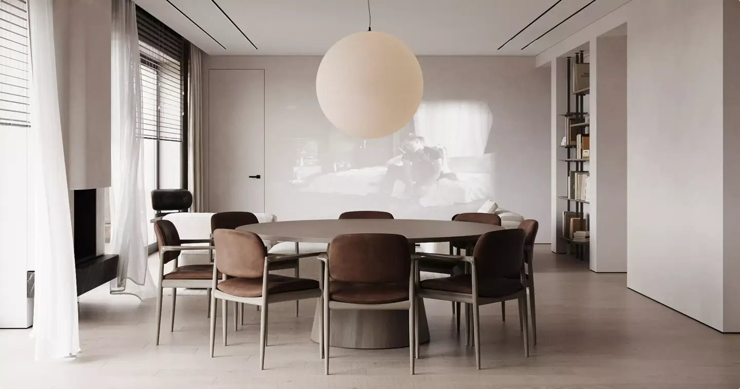 Render de interiores 3D: qué es, tipos, proceso y precio Render de interiores 3D de un comedor moderno con mesa redonda y lámpara colgante