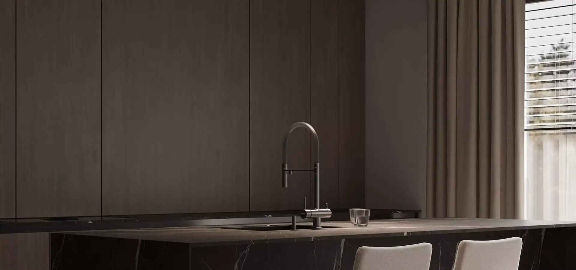 Apartment renderings modern kitchen island with dark wood cabinets, marble countertop and tall faucet
