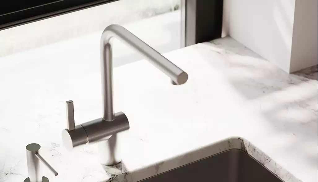Apartment renderings modern kitchen sink with marble countertop and brushed metal faucet near window