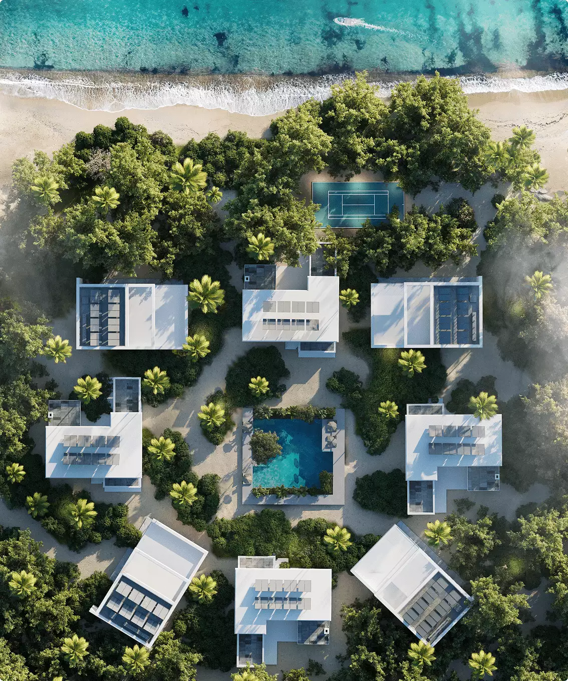 Beachfront 3D hotel renderings show a resort plan with villas, central pool, tennis court, and turquoise shore