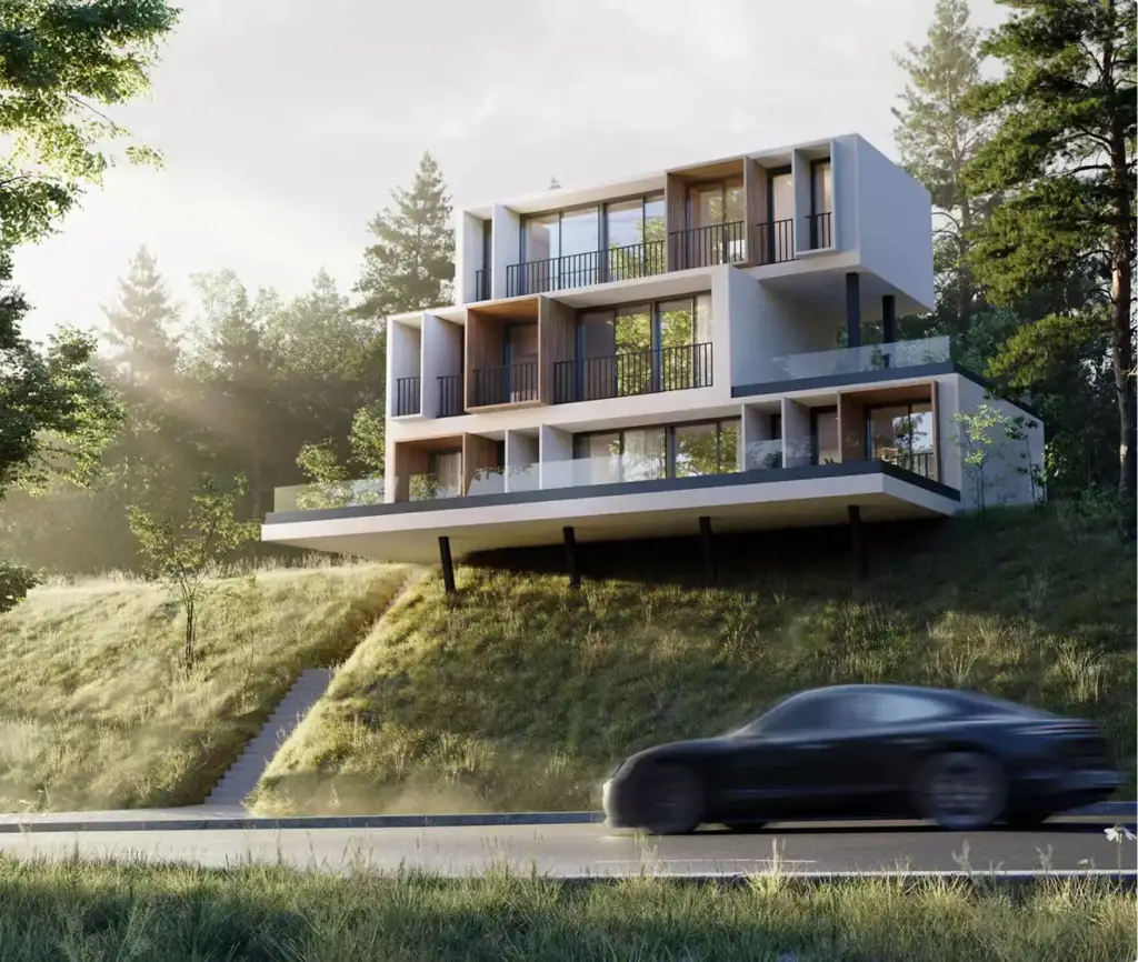 Bird eye view rendering of a modern hillside house with large balconies, forest backdrop, and road below