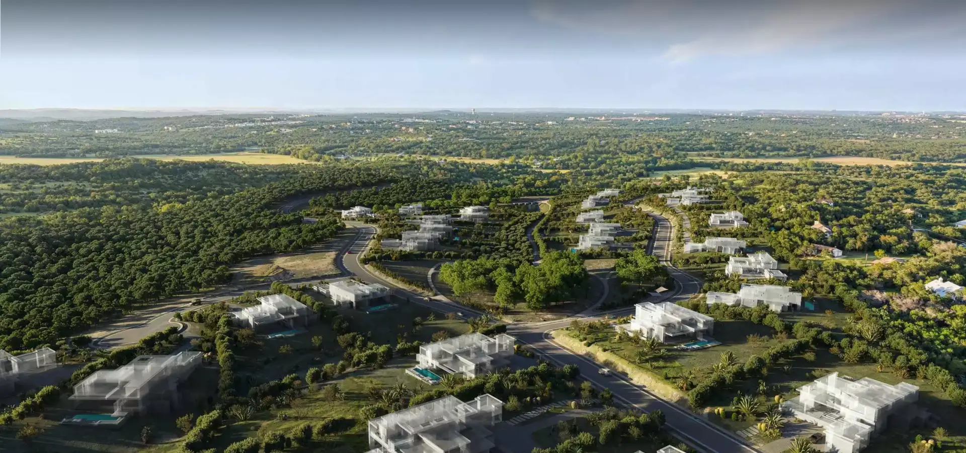 Birds eye rendering of a panoramic villa community set in forested hills with roads and scattered homes