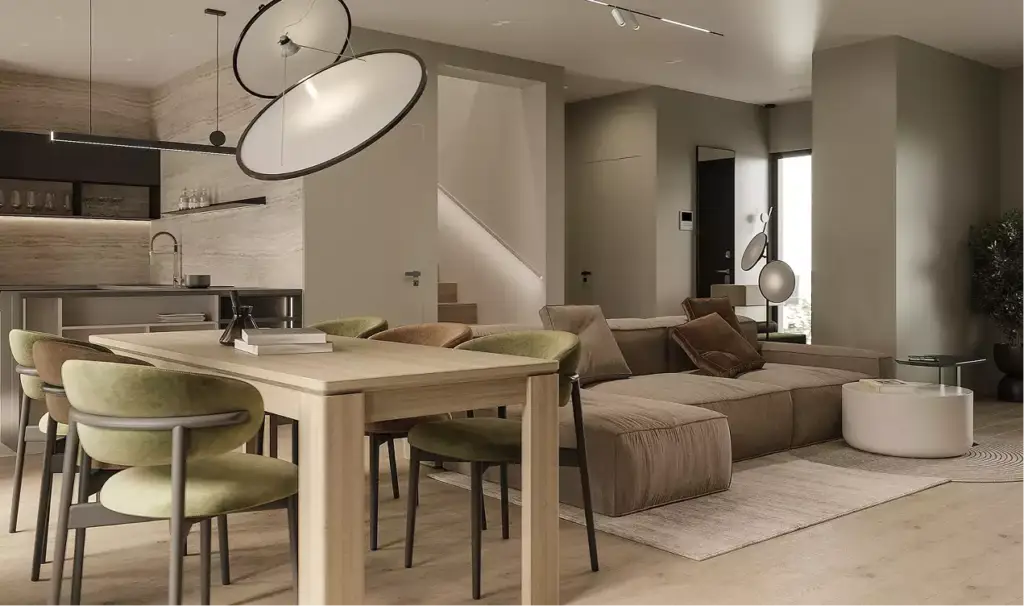 Birds eye view renderings of an open-plan living room and kitchen with wood table, sofa, and pendant lights