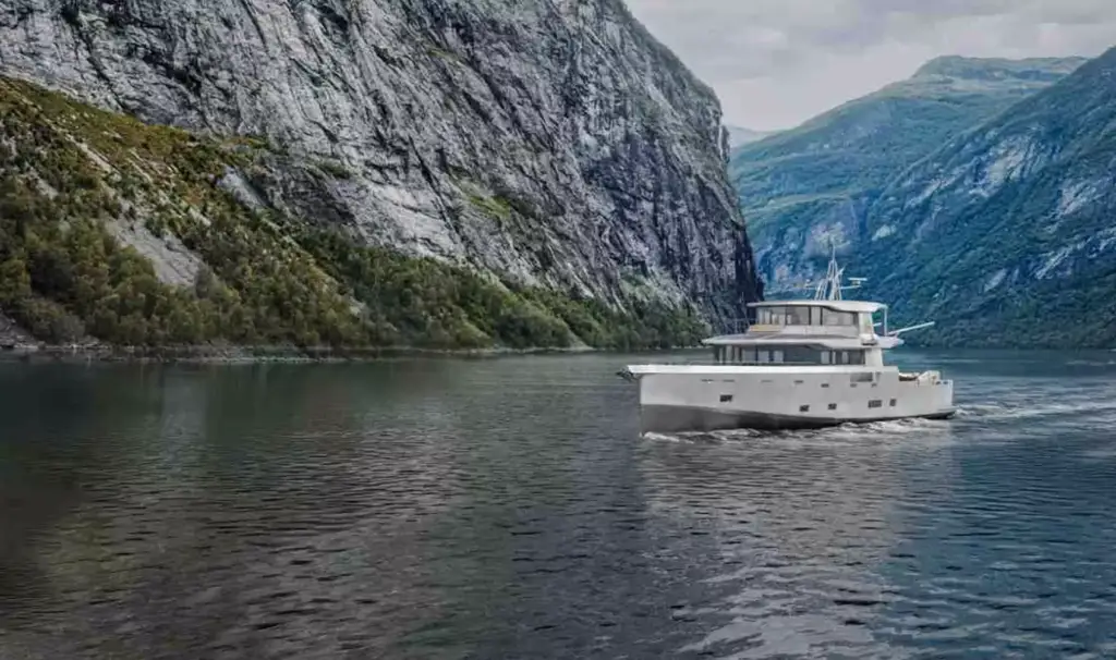 Boat 3D rendering of a white yacht cruising through a fjord with steep rocky cliffs
